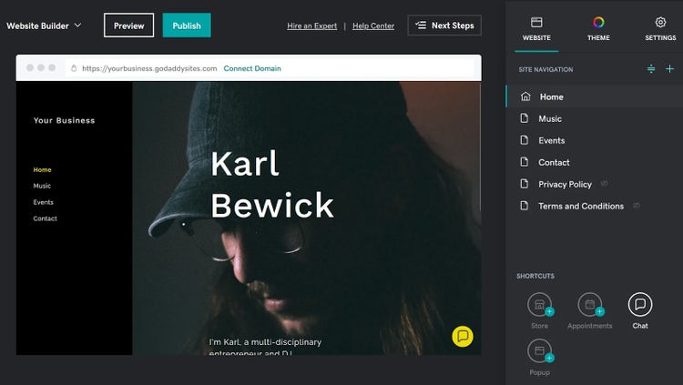 GoDaddy website builder interface