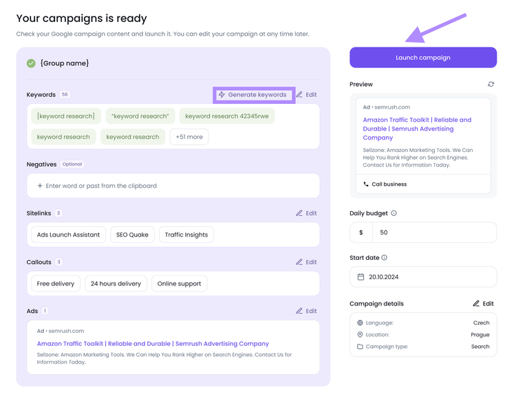 Semrush Ads Launch Assistant showing campaign ready with keywords, sitelinks, callouts, and Launch campaign button