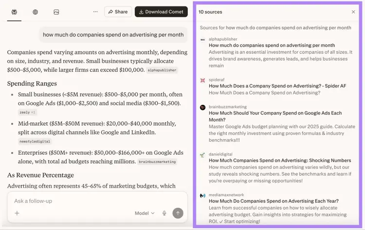 A response on Perplexity with the "Sources" on the right highlighted.