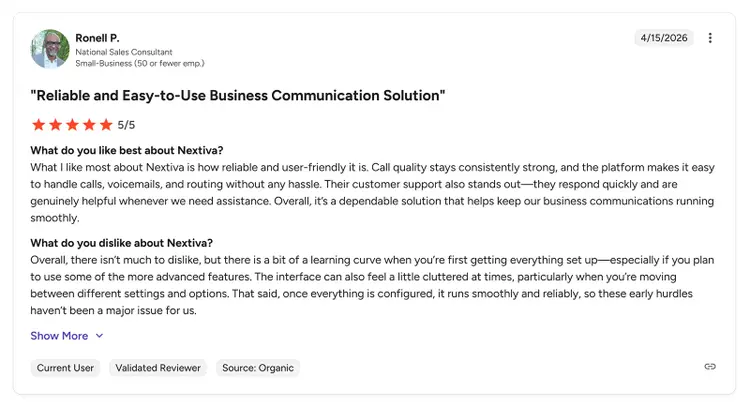 G2 review page showing customer feedback and rating for Nextiva business communication tool