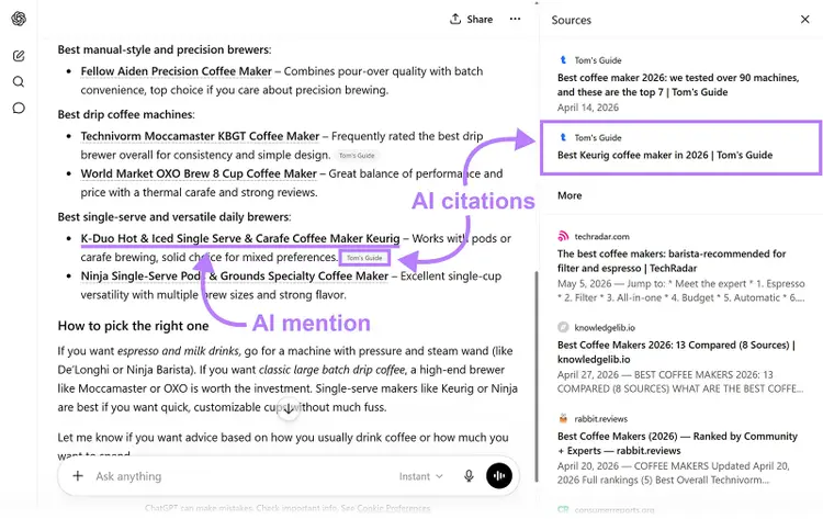 ChatGPT response with highlighted AI mention and citation source links for coffee maker recommendations