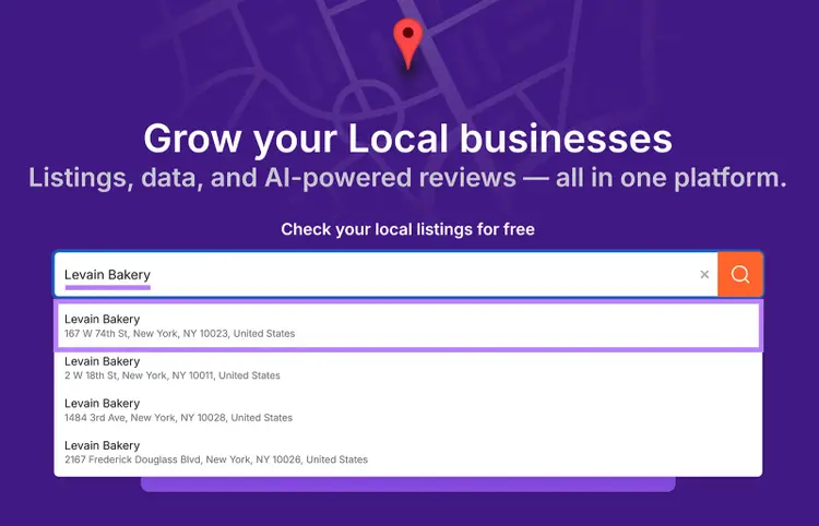 Business profile setup screen with a business name typed in the search field.