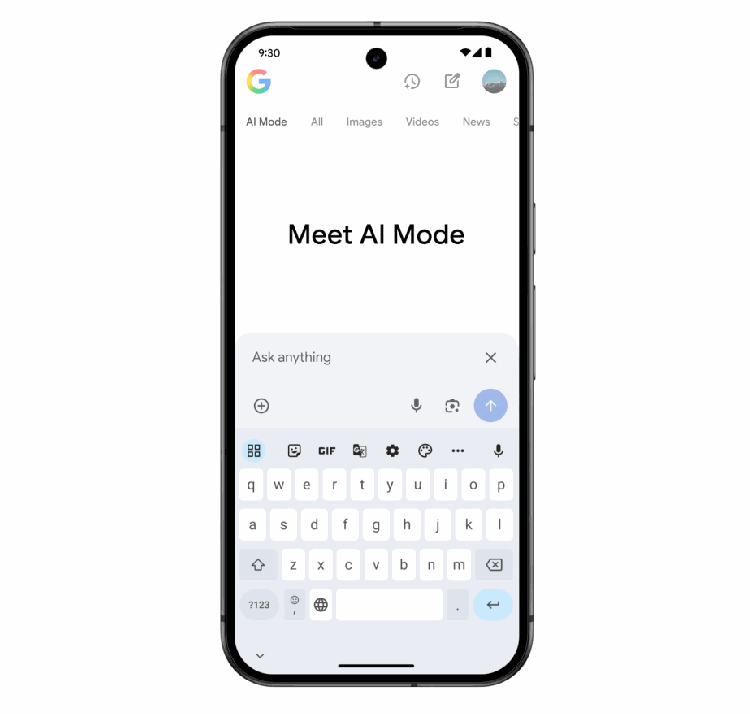 Google AI Mode interface on mobile phone with Ask anything input and media attachment options