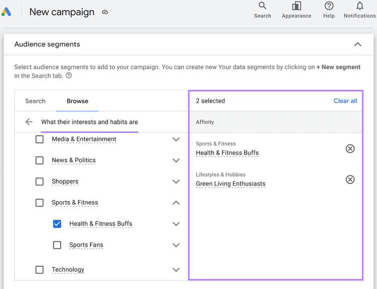 setting up “Home & Garden” affinity segment in Google Ads