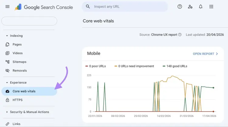 The “Core Web Vitals” report on Google Search Console.