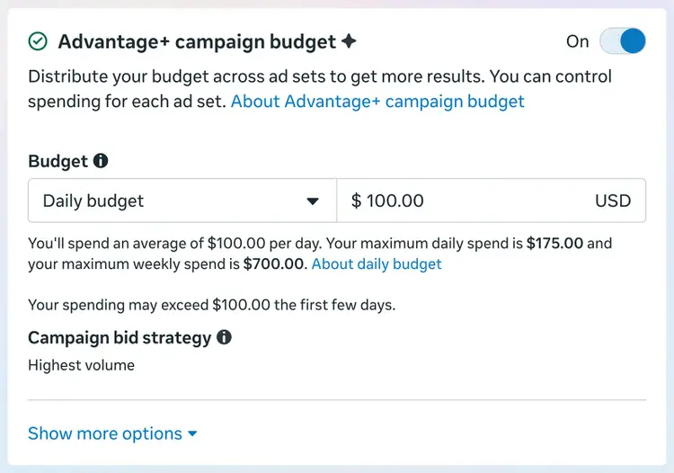 Meta Ads Manager showing Advantage+ campaign budget settings and daily ad spend