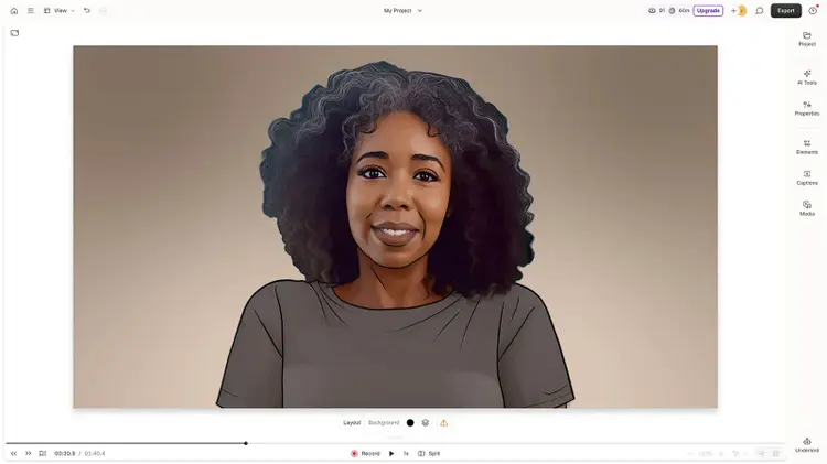 Descript editor showing a video project with an AI-generated avatar and text-based editing controls.