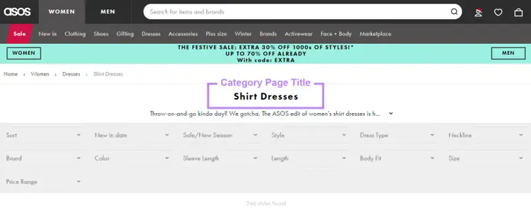 Webpage with the category page title, "Shirt Dresses," highlighted