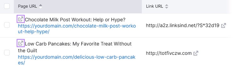 "Page URL" and "Link URL" columns with the arrow sign in the first column highlighted in Site Audit tool