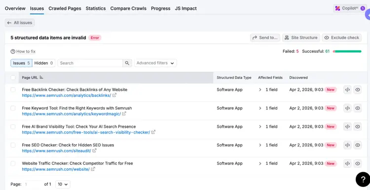 Table of 5 invalid structured data items with page URLs, type, affected fields, and discovered dates.