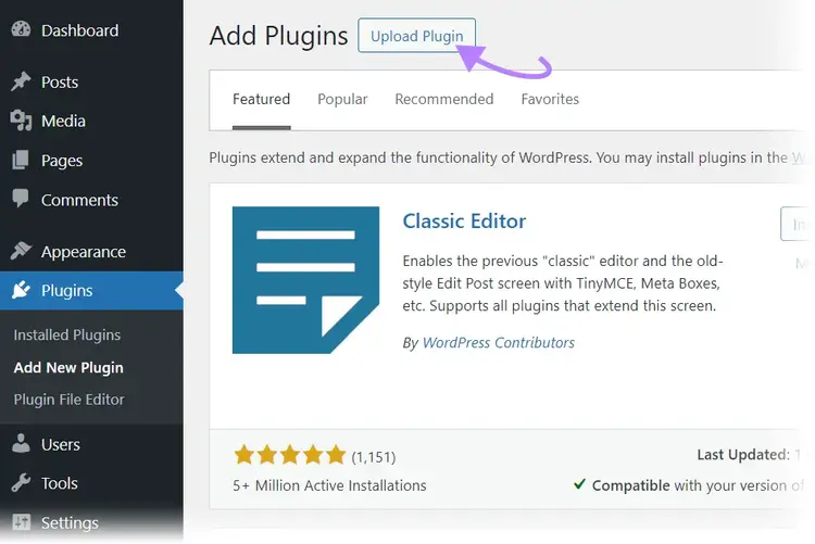 upload plugin button in WordPress