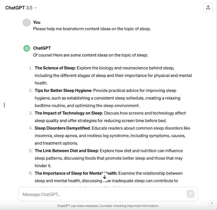 ChatGPT's response to "Please help me brainstorm content ideas on the topic of sleep" prompt