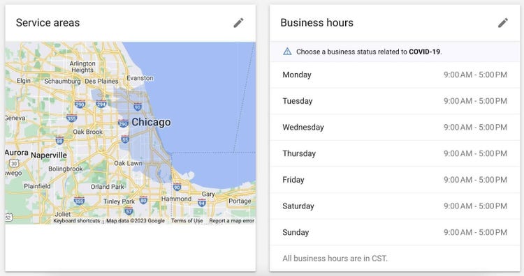 service areas and business hours page