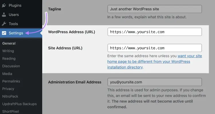 "WordPress Address (URL)" and "Site Address (URL)" fields highlighted on WordPress settings.