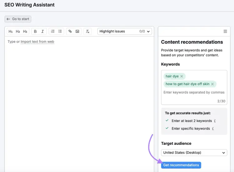 keywords entered into tool with button highlighted