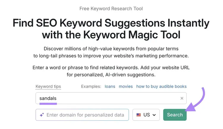 Keyword Magic Tool with "sandals" entered as the term and "Search" clicked.