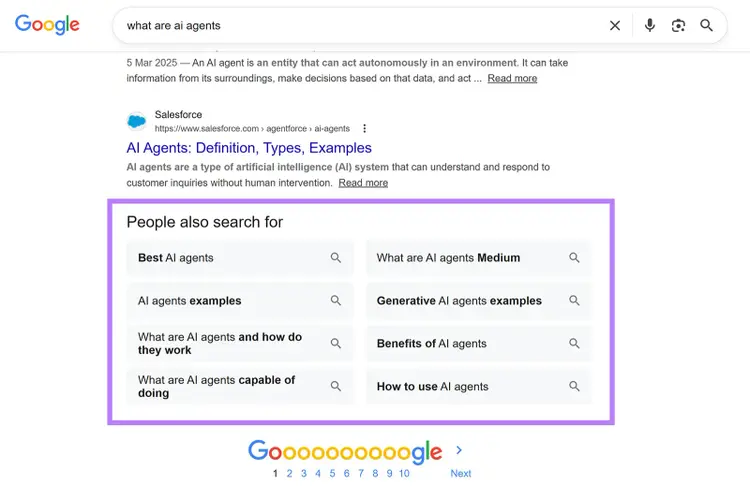 Google search results showing the "People also search for" section with related AI agent queries.