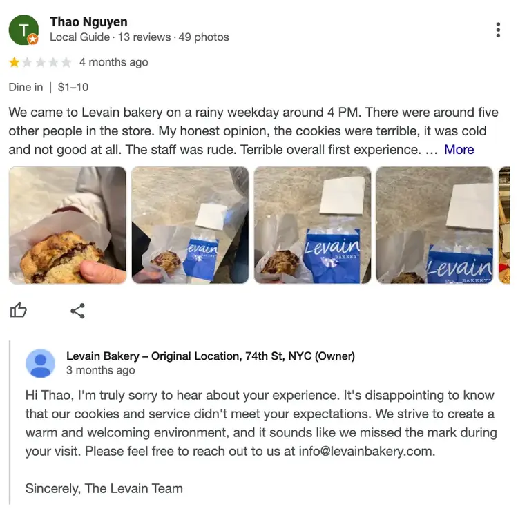 Levain Bakery negative customer review reply.