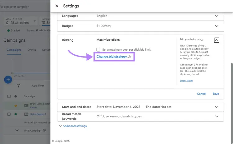 "Change bid strategy” button highlighted