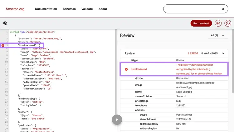 Schema.org test results with structured data errors highlighted.