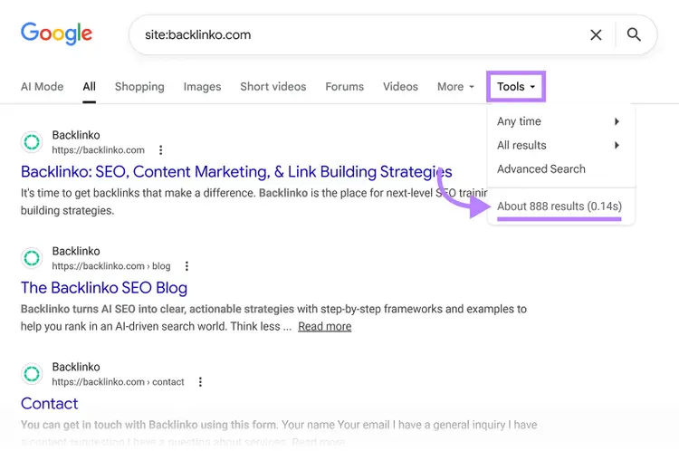 Google search results for site:backlinko.com with indexed page count highlighted in Tools menu