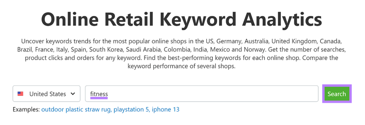 fitness keyword entered into Ecommerce Keyword Analytics tool field and Search button highlighted