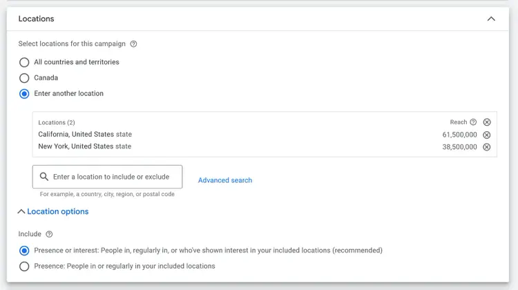 Google Ads location targeting settings with California and New York selected for a campaign