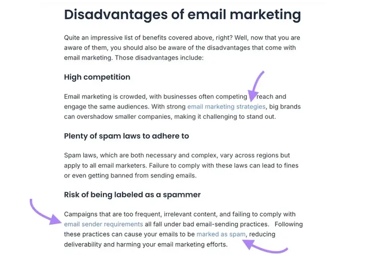 Internal links to related content on a pillar page by Mailtrap.