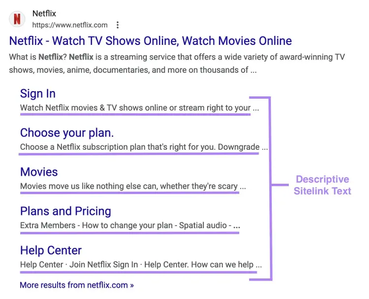 Google search result for Netflix showing sitelinks with descriptions.