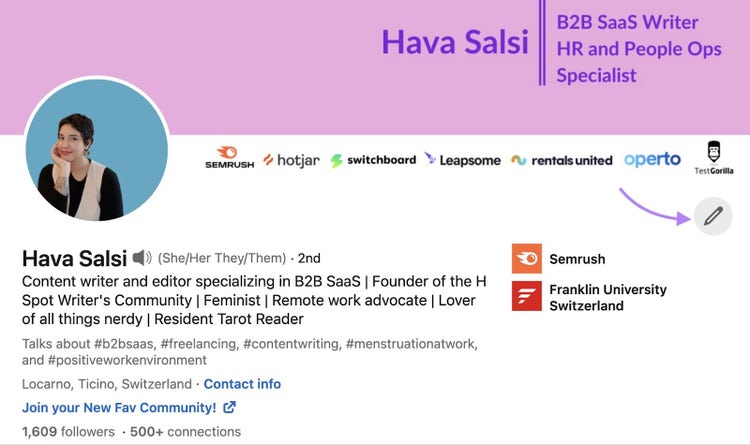 Edit button highlighted on LinkedIn profile