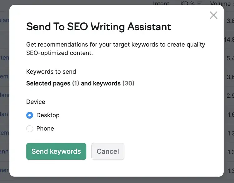 Semrush SEO Writing Assistant dialog with selected pages and device selection options