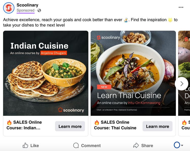 A carousel ad from Scoolinary on Facebook