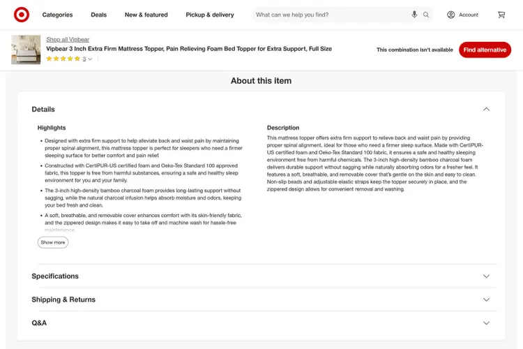 Target product page expanded to show description and highlights for mattress topper