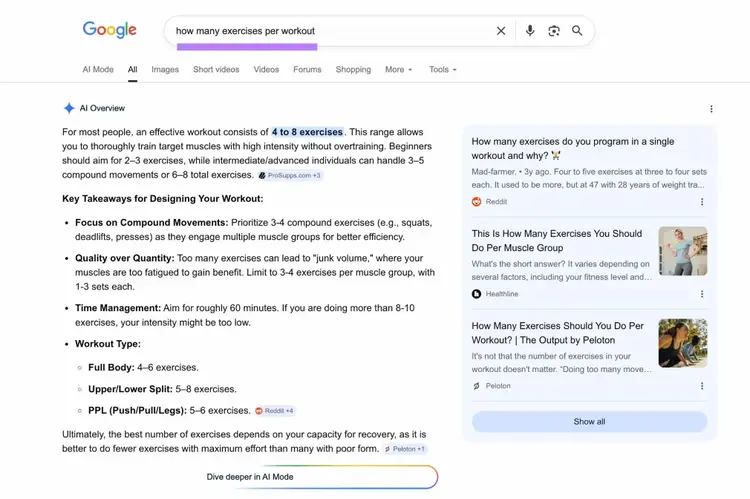 Google SERP with "how many exercises per workout" entered showing an AI Overview response.