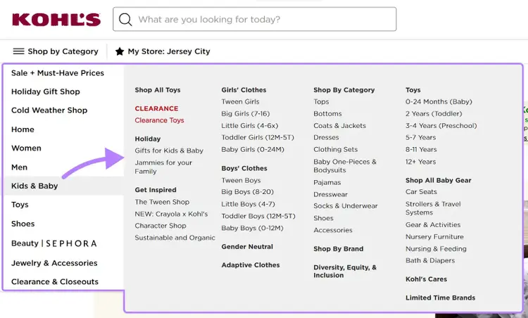 Kohl’s submenu for "Kids & Baby" opened from the sidebar menu