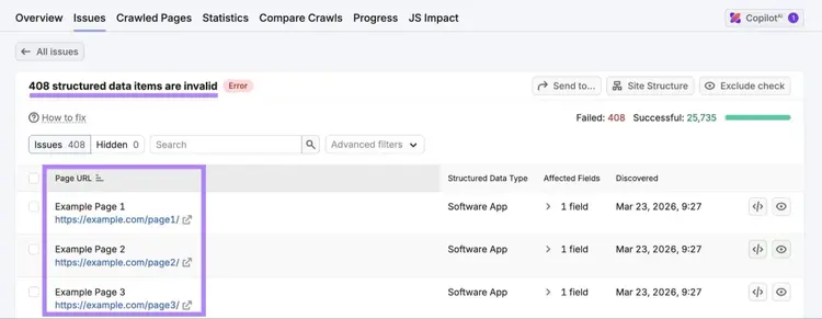 Structured data issues on Site Audit showing a list of pages with invalid schema markup.
