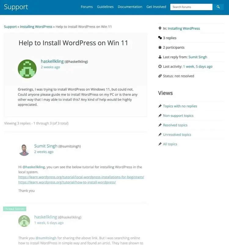 WordPress support forum showing installation help thread with user responses
