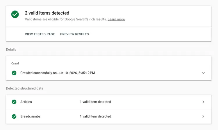 Google Rich Results Test showing two valid structured data items detected