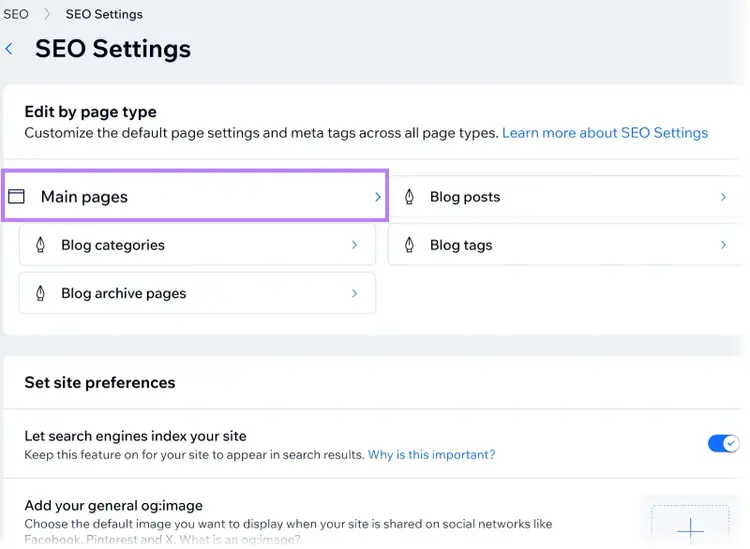 SEO settings panel with the "Main pages" option highlighted by a purple border