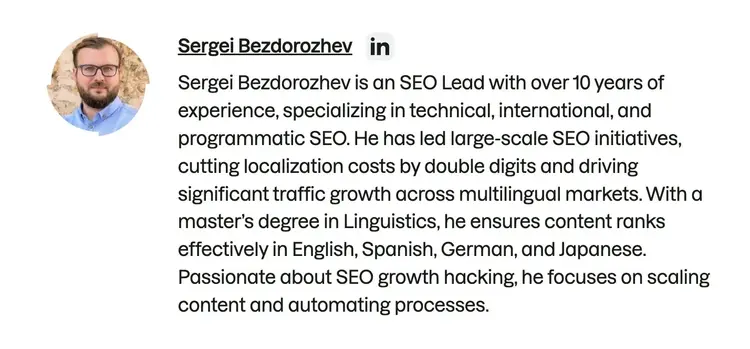 An author bio on a blog post by Semrush outlining the writer's credentials and expertise.