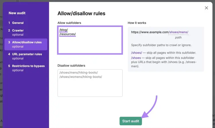 The "Allow/disallow rules" tab on Site Audit settings with subfolders entered in the "Allow" box and "Start audit" clicked.