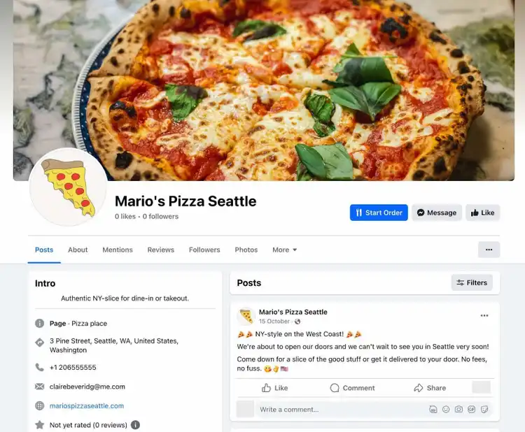 Mario's Pizza Seattle Facebook page