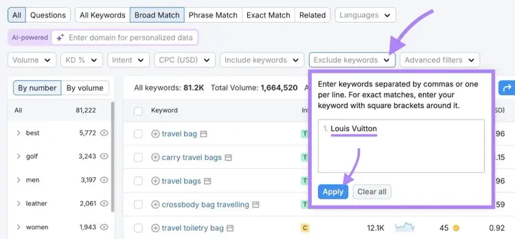 "Exclude keywords" clicked, "Louis Vuitton" entered, and "Apply" clicked on the Keyword Magic Tool.