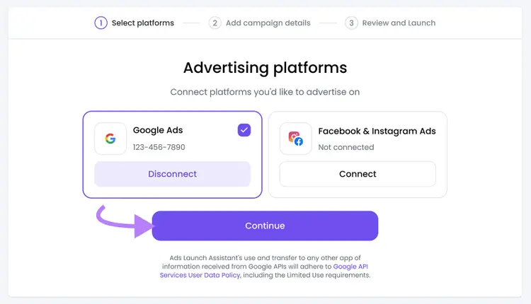 Advertising platforms step with Google Ads connected and arrow pointing to Continue button.