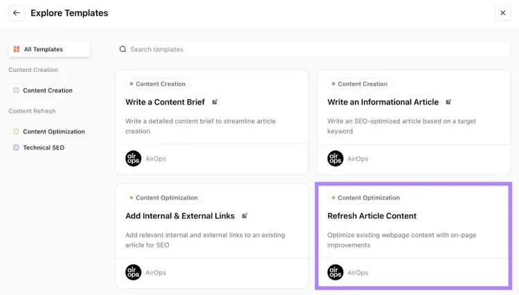 Templates on AirOps with "Refresh Article Content" clicked.