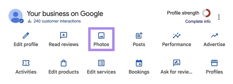 Google Business Profile dashboard with the "Photos" button highlighted.