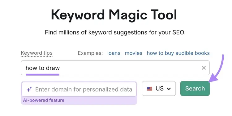 Keyword Magic Tool start with "how to draw" entered and "Search" clicked.
