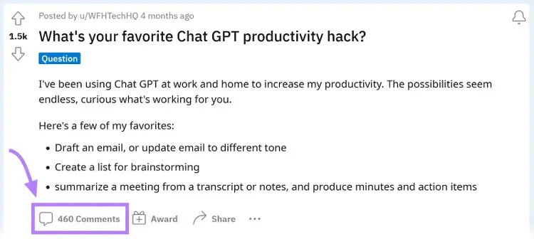 Reddit post asking favorite ChatGPT productivity hacks