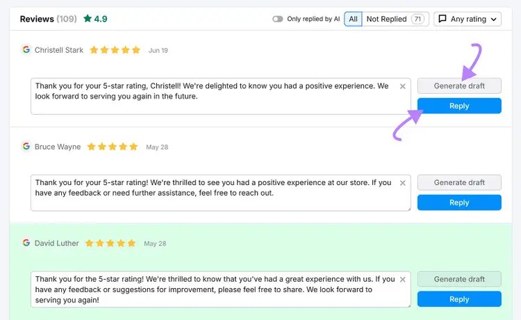 Reviews dashboard showing customer reviews with AI-generated reply drafts and reply buttons