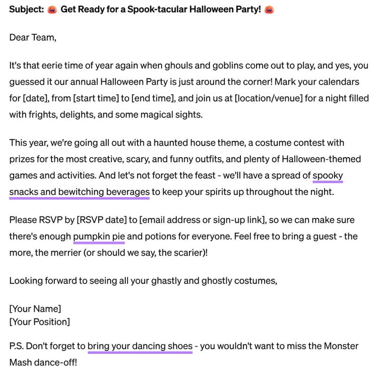 ChatGPT-generated email announcement about the office Halloween party